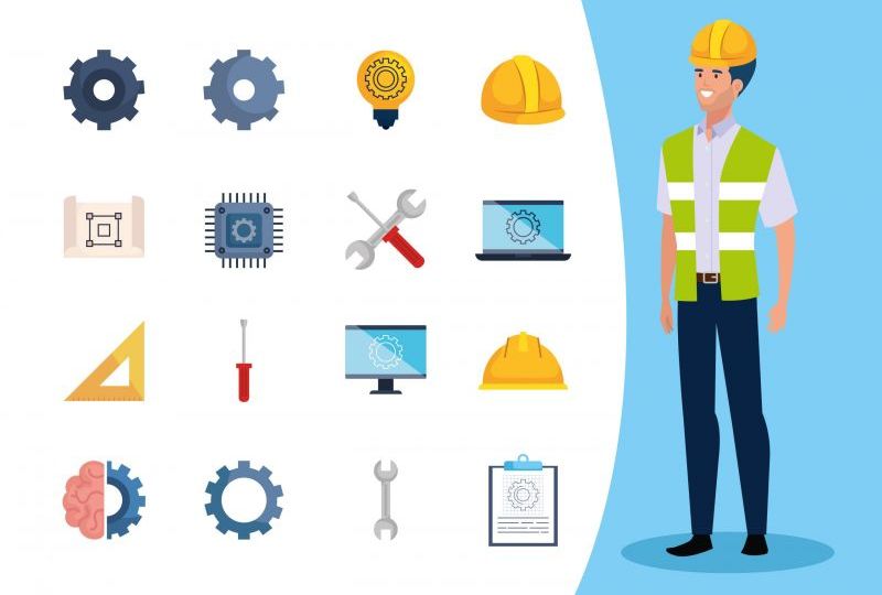 engineer man with set icons working